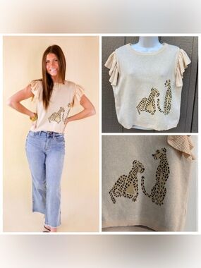 Entro Cheetah Graphic Ruffle Cap Sleeve Sweater Beige Large EUC
